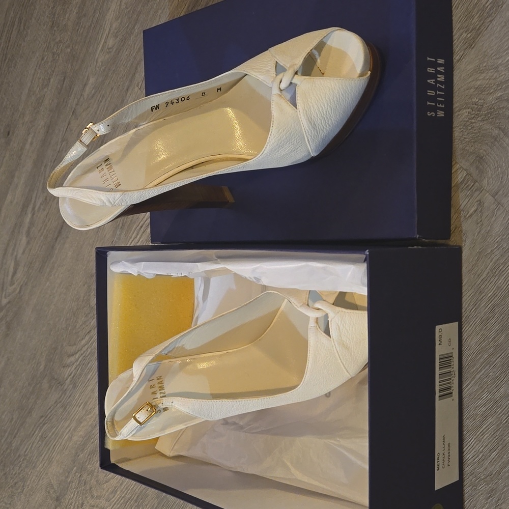 Stuart Weitzman, White Chalk Llama Strappy Heels, Leather Size 8, New with Box